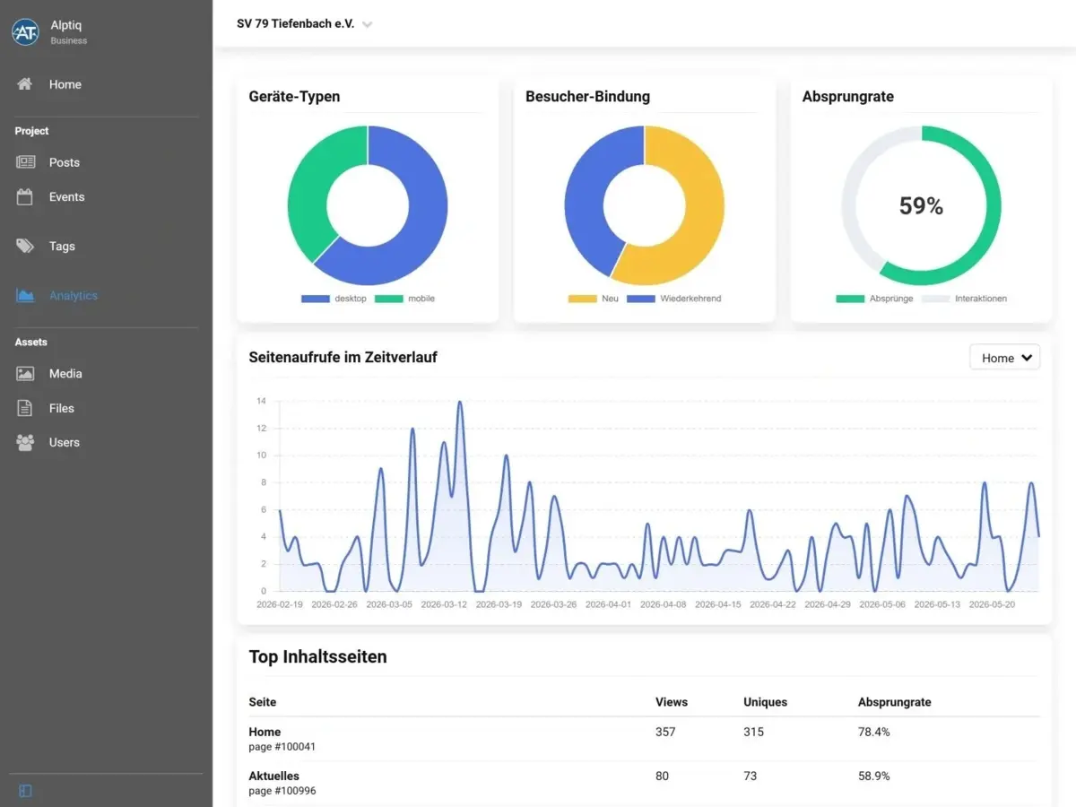 Integrated real-time visitor statistics inside the Alptiq analytics dashboard