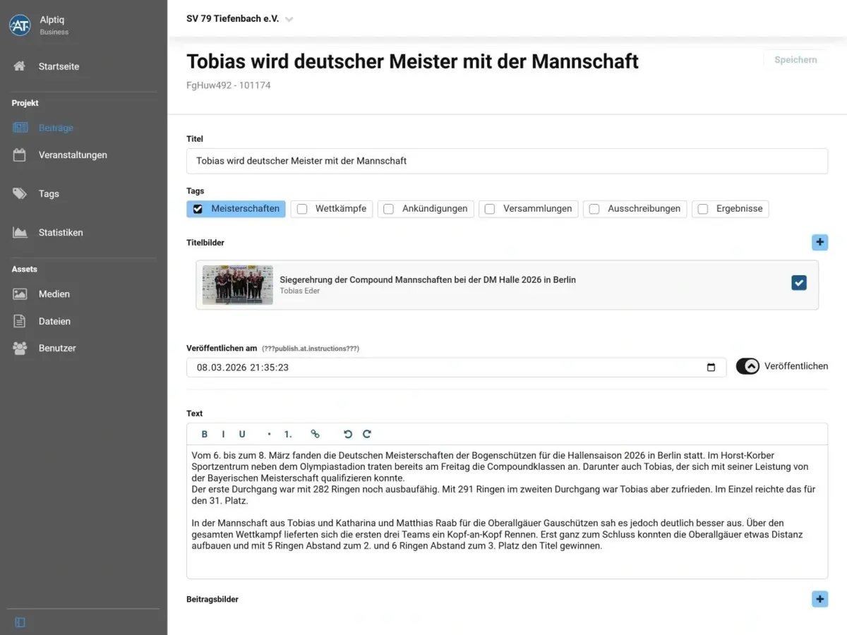 The Alptiq CMS dashboard for managing articles and events